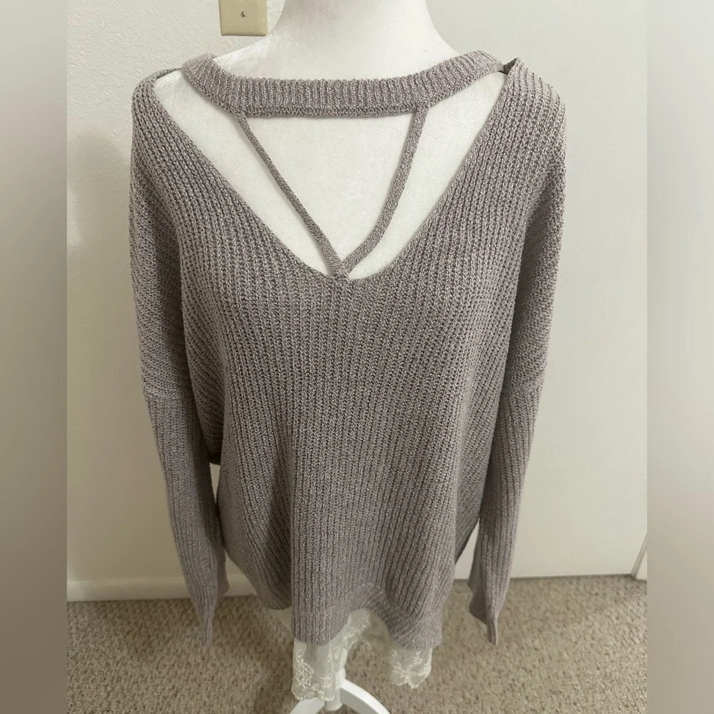 Moral fiber women’s knit tunic crisscross neckline lace hem boho size XXL